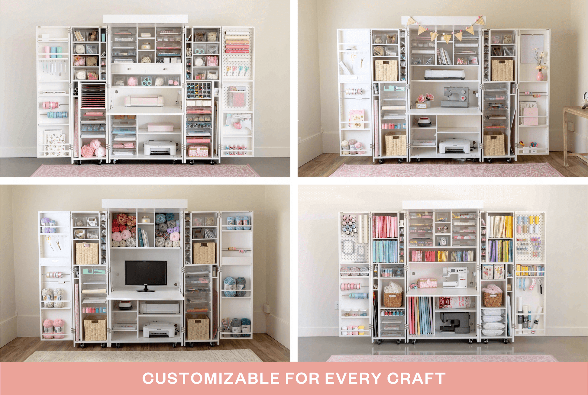 Collage of a customizable storage system with shelves and cabinets in various configurations.