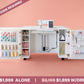 Sewing machine with open cabinets displaying thread and accessories on a pink background [Deluxe]