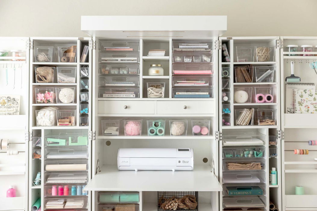 Close-up image of DreamBox with organized crafts in drawers with an overhead light.