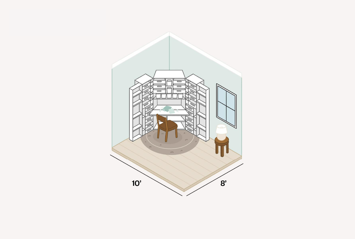 Isometric view of a small office space with furniture and measurements on a white background