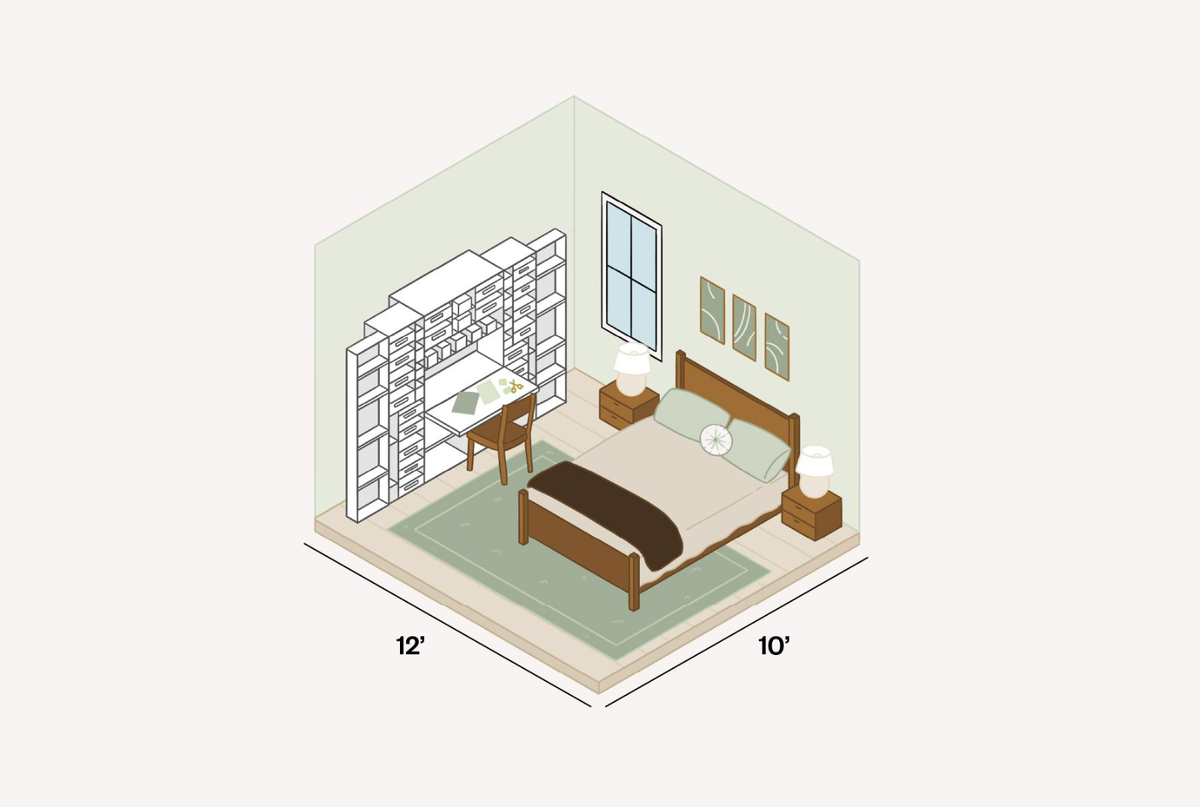 Isometric view of a small office space with furniture and measurements on a white background.