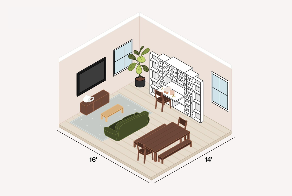 Isometric view of a small office space with furniture and measurements on a white background.